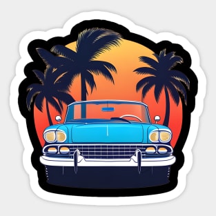 blue 1960s classic car with sun and palm trees Sticker